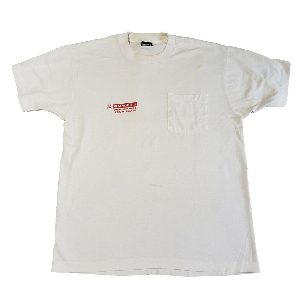 Vintage Single Stitch Fruit Of The Loom RAPIDFIRE SPARK PLUGS‎ Pocket Tee Large